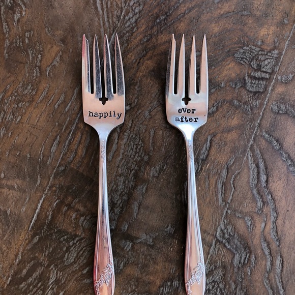 Hand-stamped silver plated forks & message “Happily”/“Ever After” when together - Picture 12 of 15